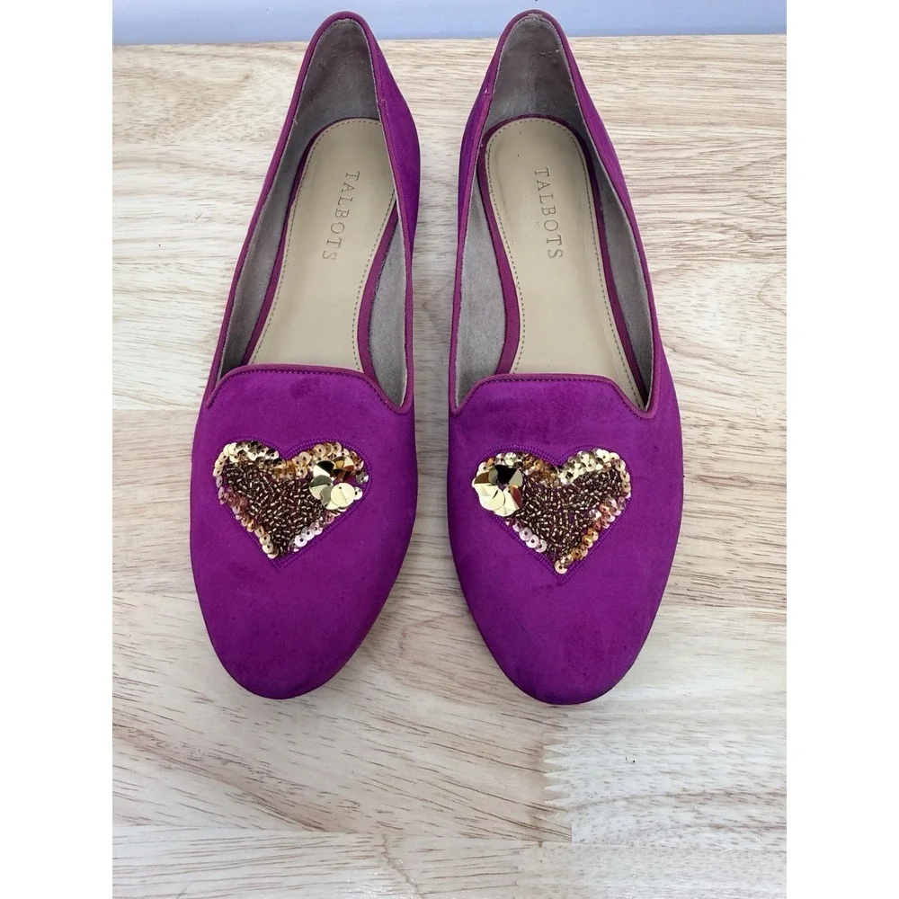 Talbots Pink Suede Flats 8M Gold Sequin Heart Loafers Leather #23 - Picture 5 of 11